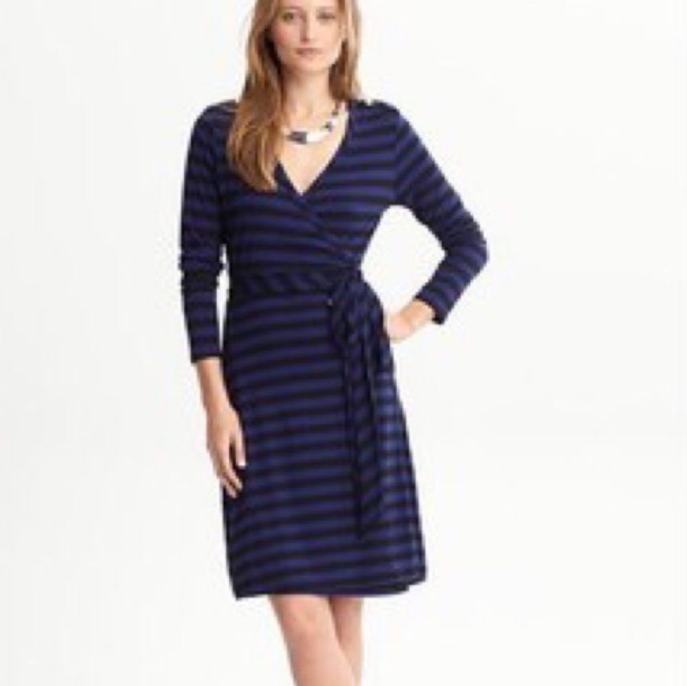 Banana Republic Black and Navy Striped Wrap Dress